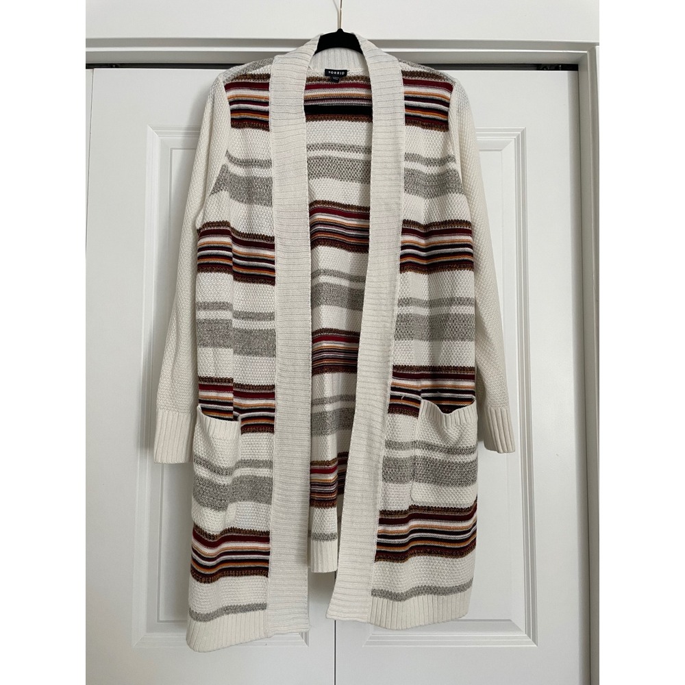 Torrid Cardigan Open Front Longline Striped Fall Waffle Knit Pockets Size 2/2X